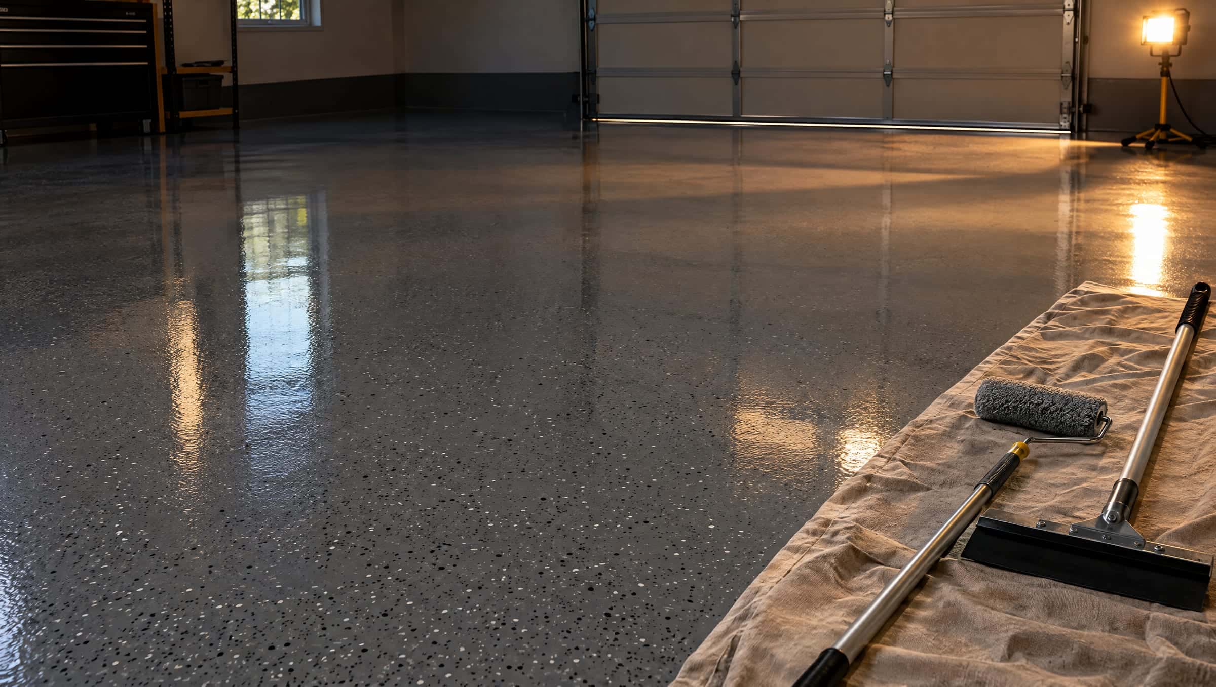 Freshly installed high-gloss flake epoxy floor with a roller and squeegee set aside on a drop cloth