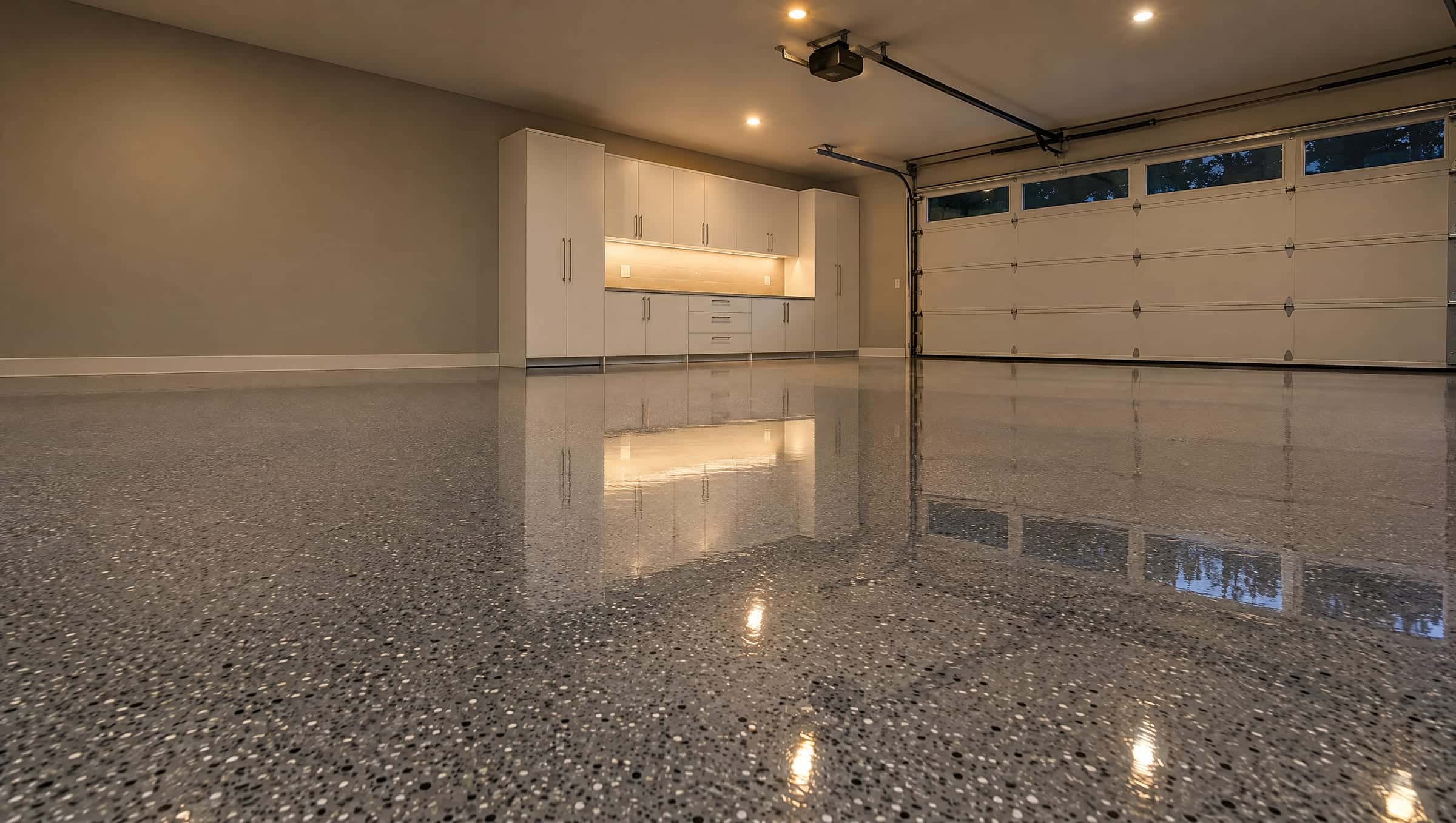 Finished two-car garage with a glossy gray flake epoxy floor and white cabinets