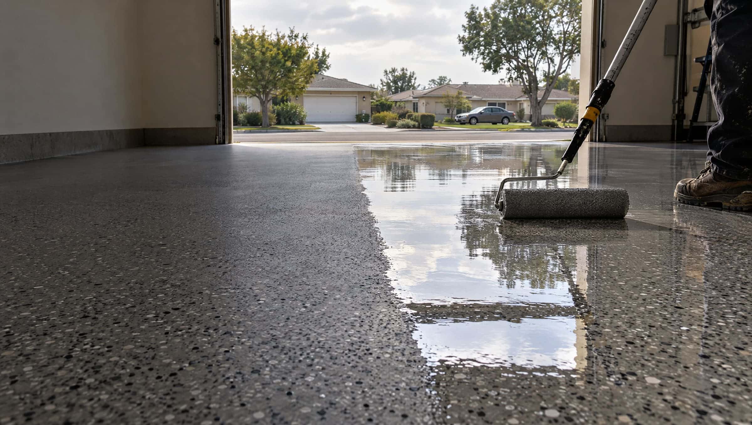 A roller spreading a glossy clear topcoat over a gray flake garage floor, the wet coat reflecting the open garage door