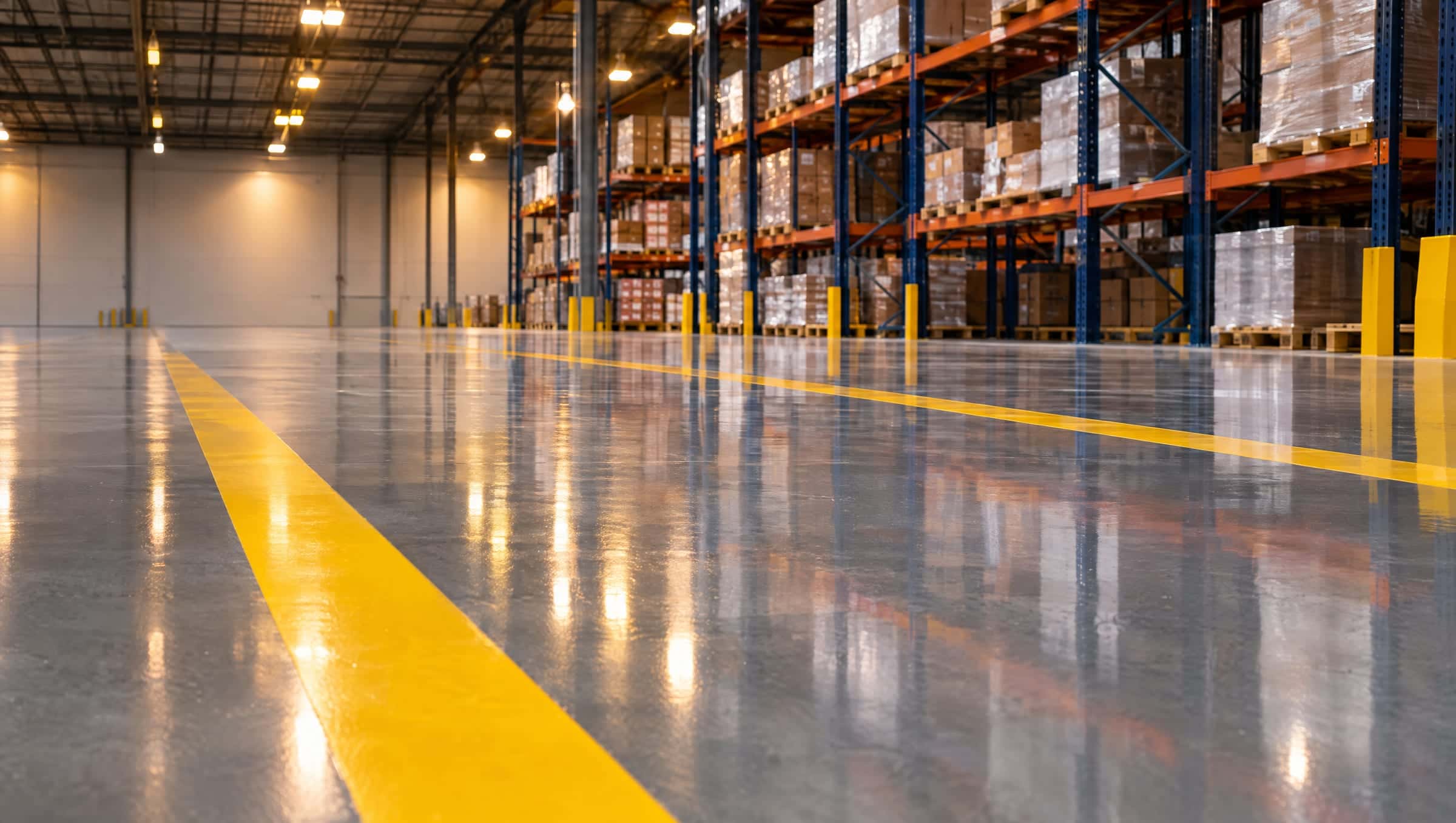 Glossy gray epoxy warehouse floor with safety-yellow lane striping and racking in the background
