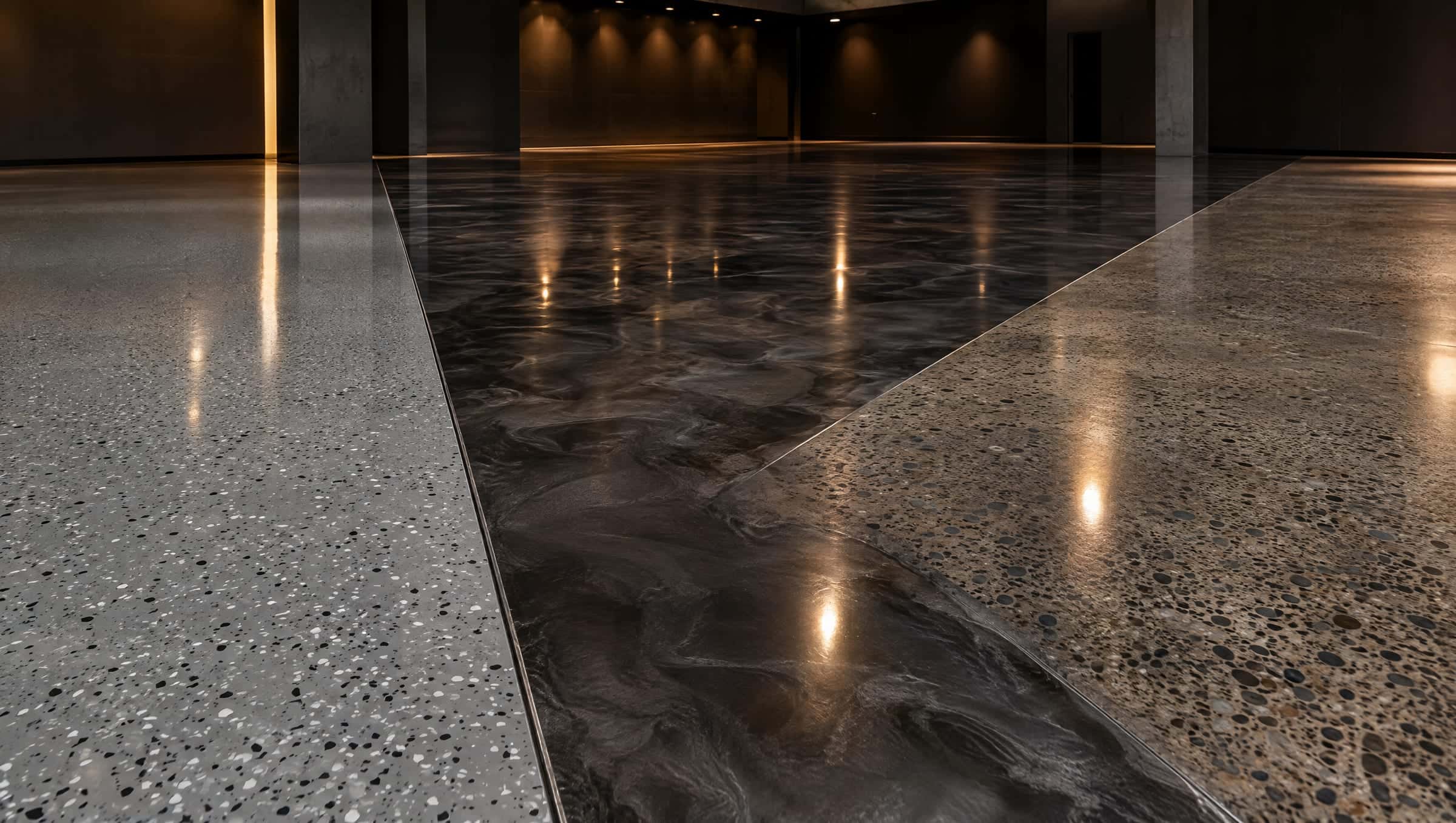 Showroom floor where gray flake epoxy, charcoal metallic epoxy and polished concrete meet along clean seams