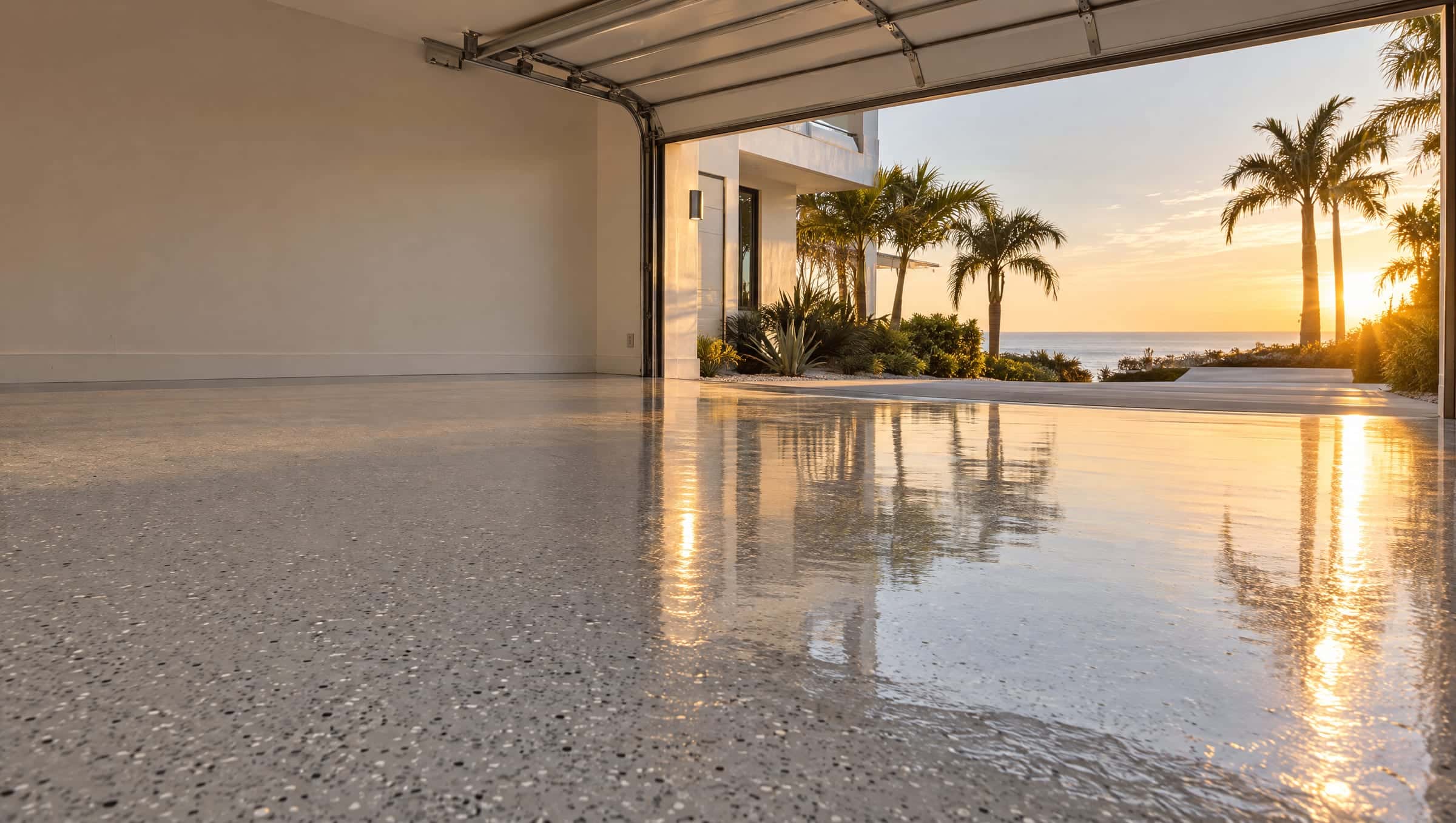 Light-gray flake garage floor under a clear glossy polyaspartic topcoat in golden-hour sun