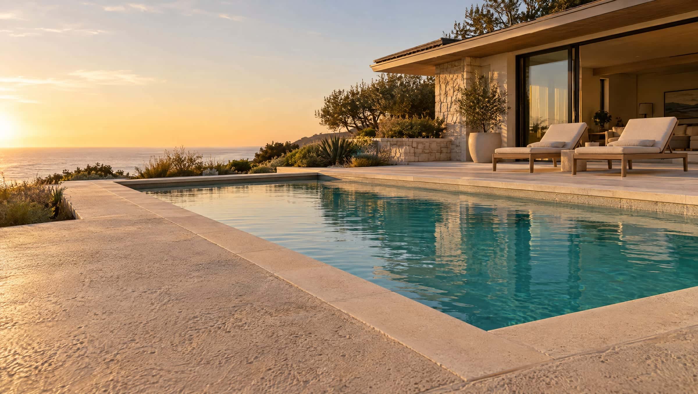 Light sand-toned textured pool deck around a rectangular pool at golden hour