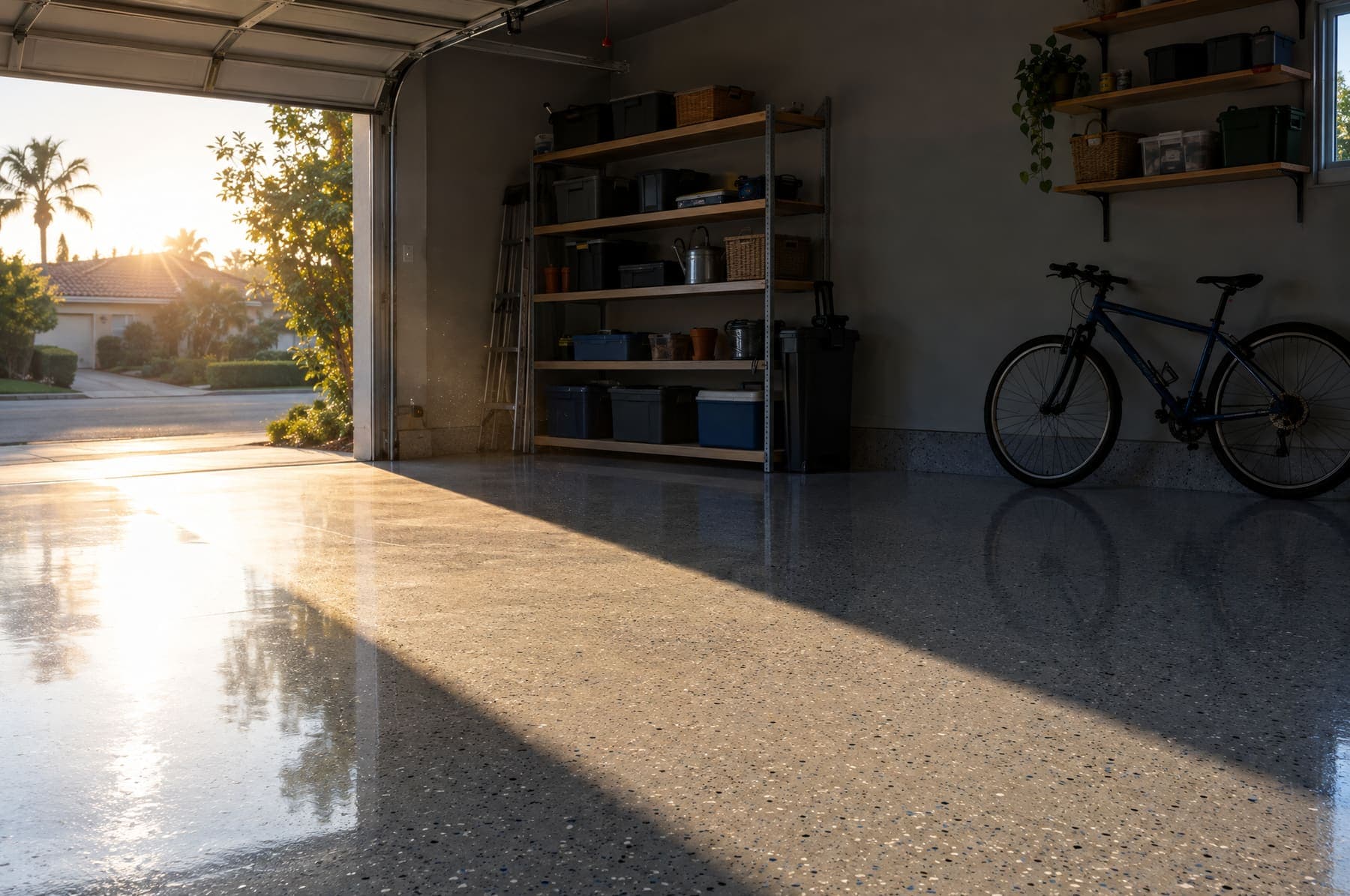 Low afternoon sun through an open garage door lighting a gray flake floor with a clear gloss topcoat