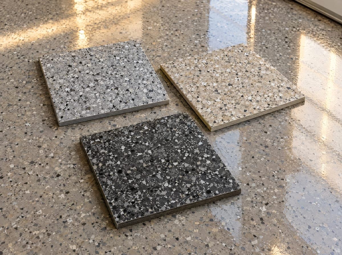 Three flake color sample boards in cool gray, sandy neutral and charcoal on a finished flake floor