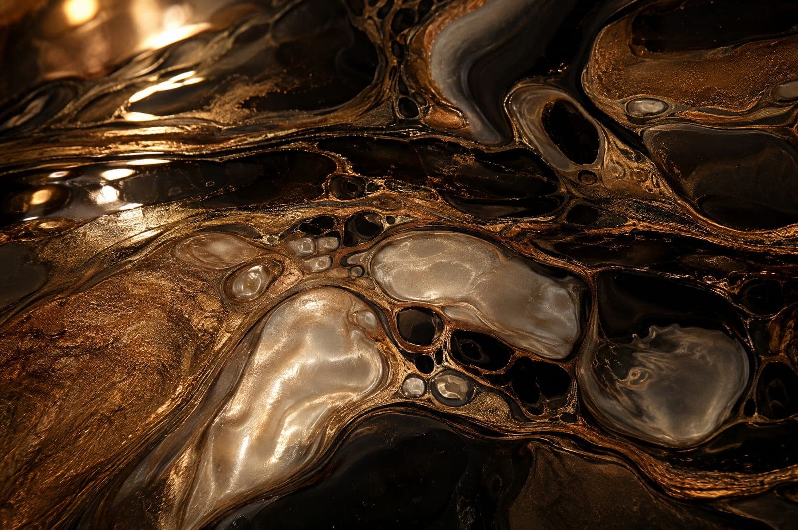 Close-up of bronze and pearl metallic epoxy veining under a high-gloss clear coat