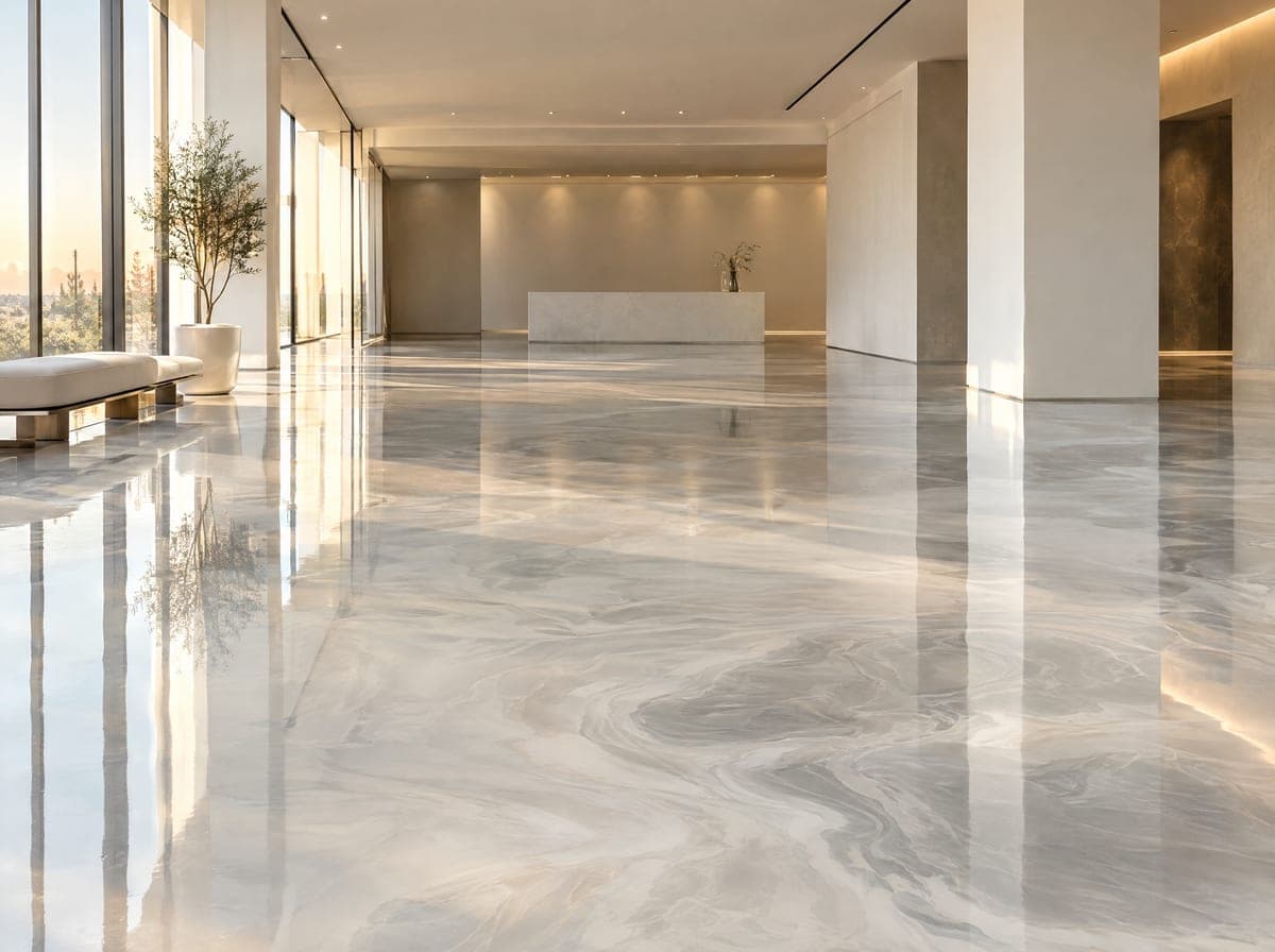 Pearl-white and soft-gray metallic epoxy floor in a minimal showroom with long reflections