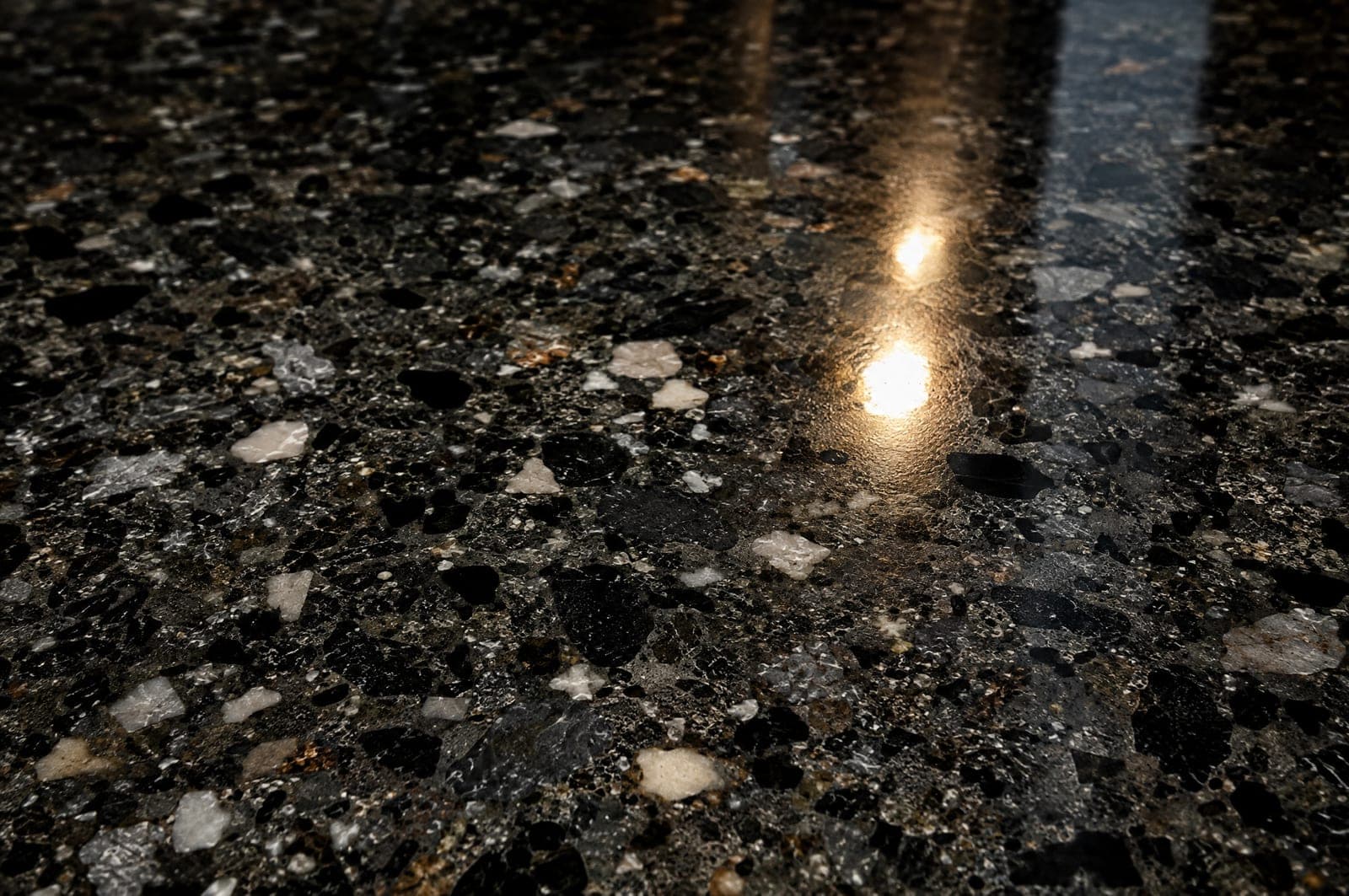Close-up of salt-and-pepper aggregate in a high-gloss polished concrete floor